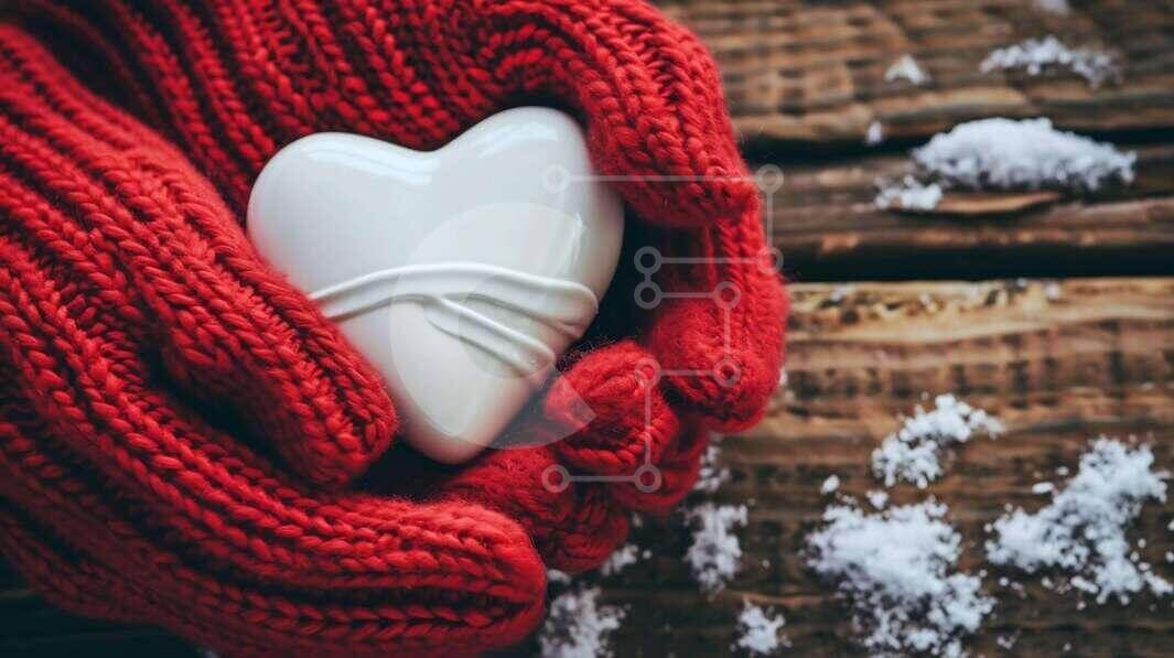 Intra Συλλεκτικό Ξύλινο Παζλ Plywood  4mm - Καρδιά με κόκκινα γάντια σε ξύλινη επιφάνεια με χιόνι Σε Ξύλινο Κουτί - Διαστάσεις Puzzle: 10x10 cm – 25 κομμάτια