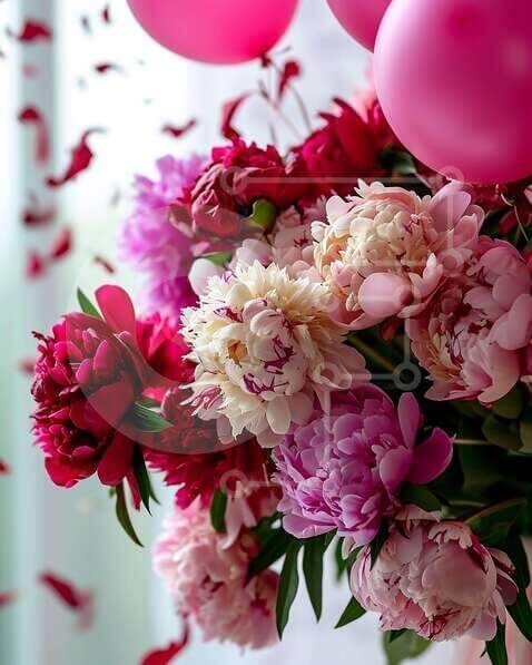 Intra Συλλεκτικό Ξύλινο Παζλ Plywood  4mm - Ζωντανό μπουκέτο παιώνιας με μπαλόνια και κομφετί με πέταλα Σε Ξύλινο Κουτί - Διαστάσεις Puzzle: 10x10 cm – 25 κομμάτια