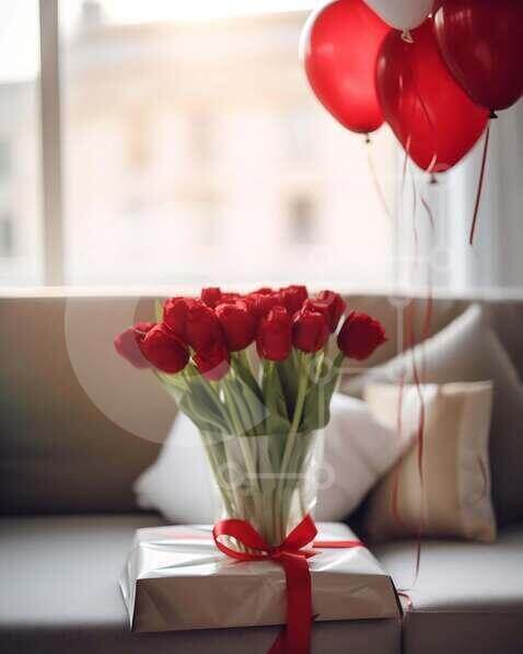 Intra Συλλεκτικό Ξύλινο Παζλ Plywood  4mm - Εορταστικά λουλούδια και δώρο με μπαλόνια Σε Ξύλινο Κουτί - Διαστάσεις Puzzle: 10x10 cm – 25 κομμάτια