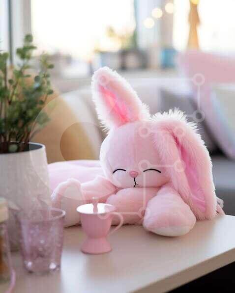 Intra Συλλεκτικό Ξύλινο Παζλ Plywood  4mm - Χαριτωμένο ροζ βελούδινο κουνελάκι σε άνετο εσωτερικό περιβάλλον Σε Ξύλινο Κουτί - Διαστάσεις: 10x10 cm – 25 κομμάτια