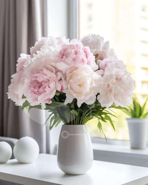 Intra Συλλεκτικό Ξύλινο Παζλ Plywood  4mm - Κομψή ανθοδέσμη παιώνιας σε λευκό βάζο Σε Ξύλινο Κουτί - Διαστάσεις Puzzle: 10x10 cm – 25 κομμάτια