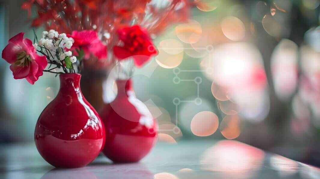 Intra Συλλεκτικό Ξύλινο Παζλ Plywood  4mm - Κόκκινα βάζα με λουλούδια σε φόντο μαλακής εστίασης Σε Ξύλινο Κουτί - Διαστάσεις Puzzle: 10x10 cm – 25 κομμάτια