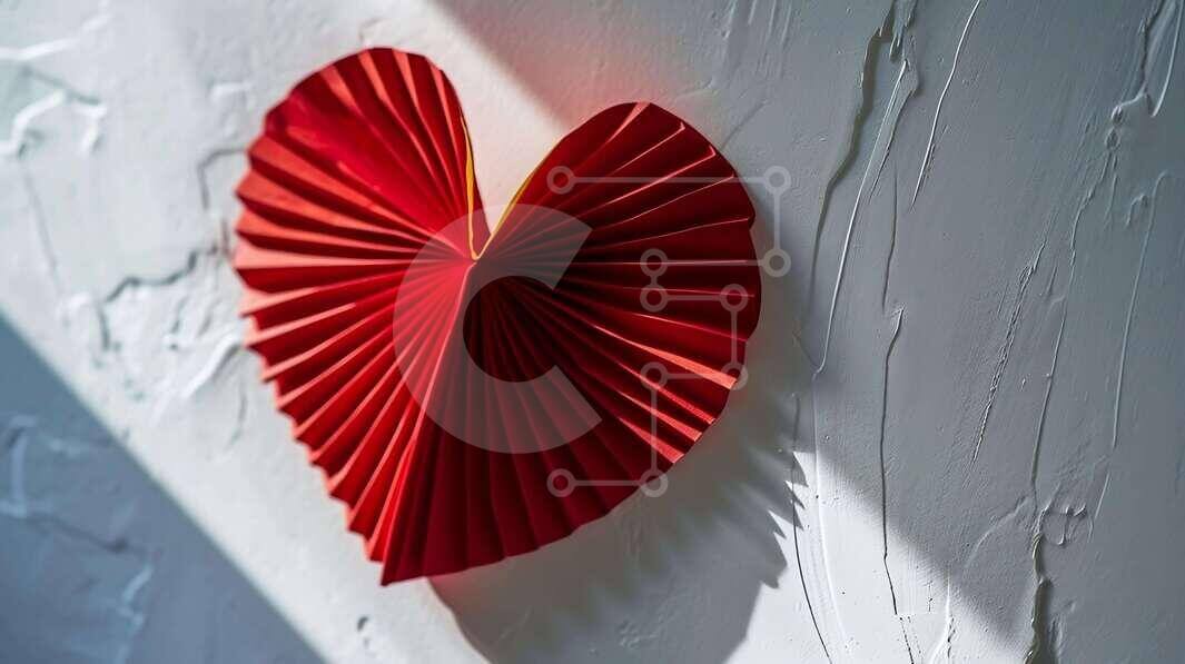 Intra Συλλεκτικό Ξύλινο Παζλ Plywood  4mm - Κόκκινη πλισέ χάρτινη καρδιά σε λευκό τοίχο Σε Ξύλινο Κουτί - Διαστάσεις Puzzle: 10x10 cm – 25 κομμάτια