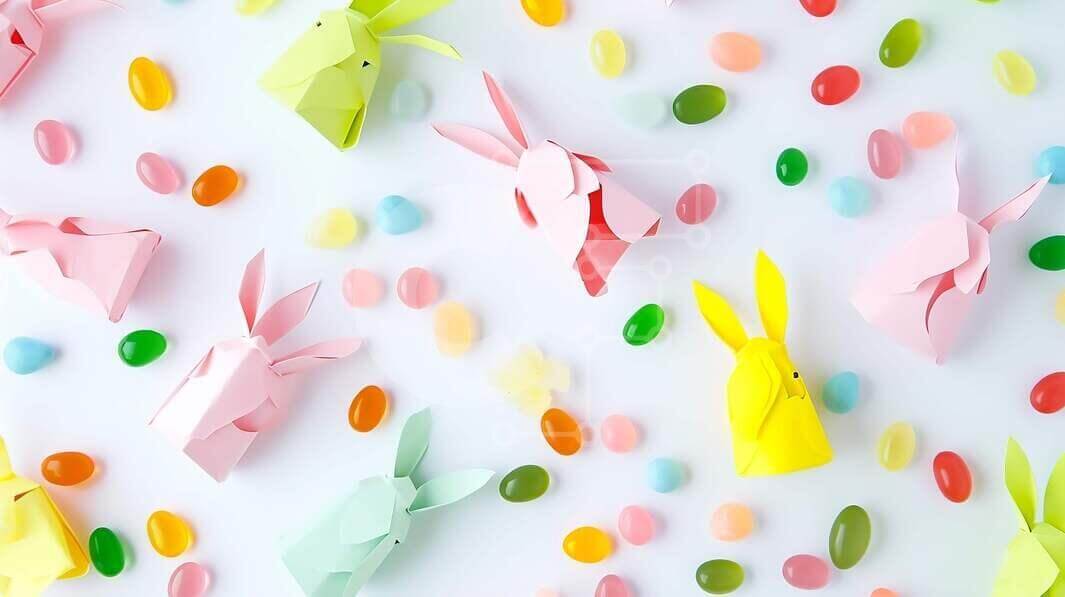 Intra Συλλεκτικό Ξύλινο Παζλ Plywood  4mm - Πολύχρωμα κουνέλια Origami και ζελέ φασόλια για το Πάσχα Σε Ξύλινο Κουτί - Διαστάσεις Puzzle: 10x10 cm – 25 κομμάτια