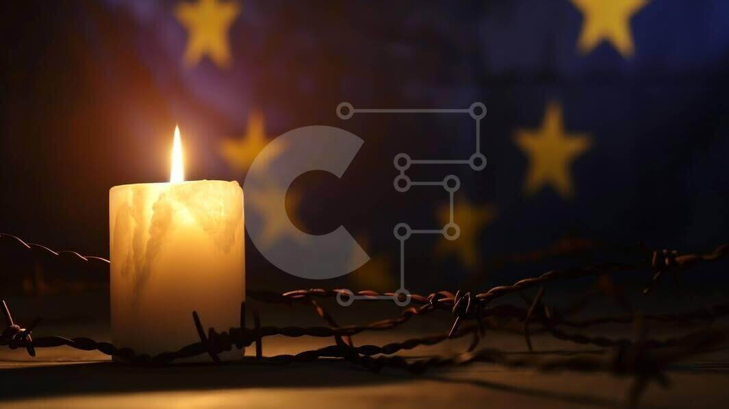 Intra Συλλεκτικό Ξύλινο Παζλ Plywood  4mm - Κερί με συρματοπλέγματα σε φόντο της Ευρωπαϊκής Ένωσης Σε Ξύλινο Κουτί - Διαστάσεις Puzzle: 10x10 cm – 25 κομμάτια