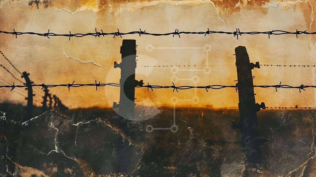 Intra Συλλεκτικό Ξύλινο Παζλ Plywood  4mm - Σιλουέτα από συρματοπλέγματα ενάντια στο ηλιοβασίλεμα Σε Ξύλινο Κουτί - Διαστάσεις Puzzle: 10x10 cm – 25 κομμάτια