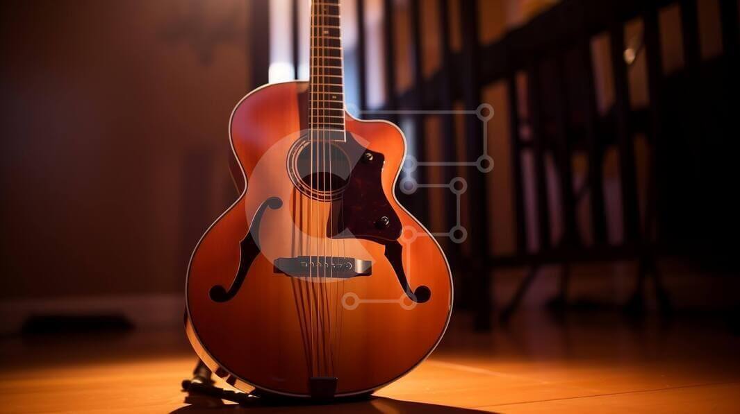 Intra Συλλεκτικό Ξύλινο Παζλ Plywood  4mm - Όμορφη ακουστική κιθάρα σε ξύλινο πάτωμα Σε Ξύλινο Κουτί - Διαστάσεις Puzzle: 10x10 cm – 25 κομμάτια