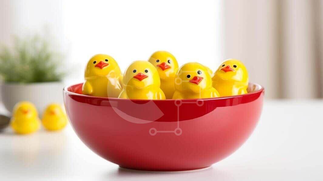 Intra Συλλεκτικό Ξύλινο Παζλ Plywood  4mm - Φωτεινό κόκκινο μπολ με κίτρινα λαστιχένια παπάκια Σε Ξύλινο Κουτί - Διαστάσεις Puzzle: 10x10 cm – 25 κομμάτια