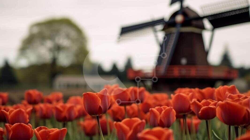 Intra Συλλεκτικό Ξύλινο Παζλ Plywood  4mm - Πεδίο με κόκκινες τουλίπες με ανεμόμυλο στο φόντο Σε Ξύλινο Κουτί - Διαστάσεις: 10x10 cm – 25 κομμάτια