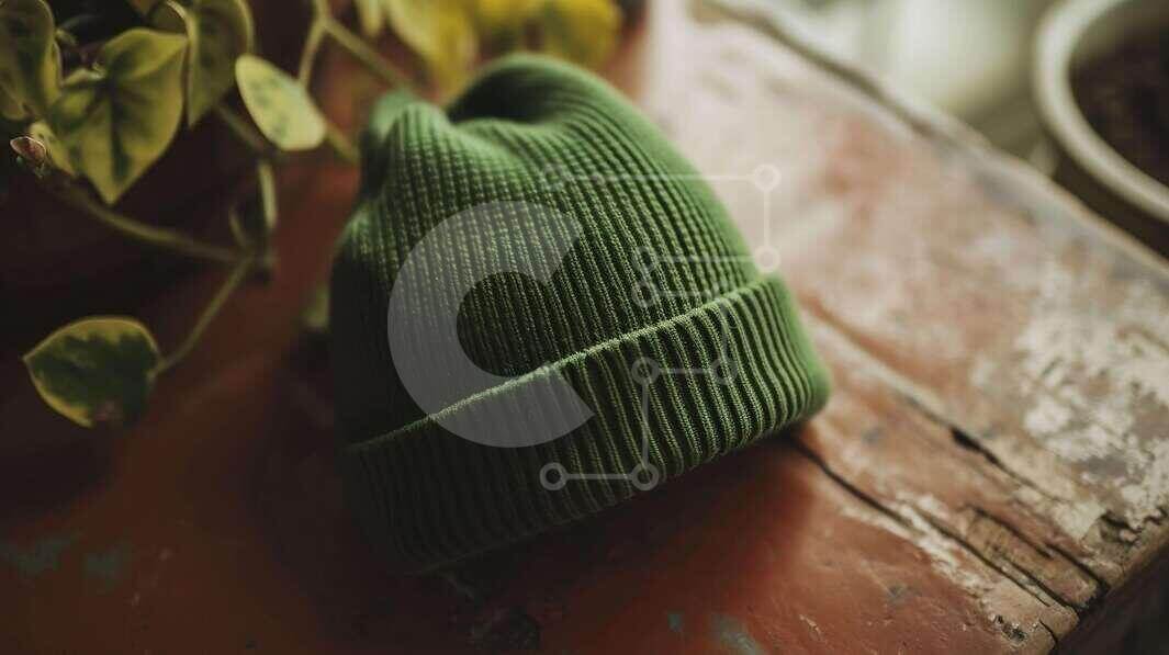 Intra Συλλεκτικό Ξύλινο Παζλ Plywood  4mm - Πράσινο πλεκτό καπέλο Beanie σε ρουστίκ ξύλινη επιφάνεια Σε Ξύλινο Κουτί - Διαστάσεις Puzzle: 10x10 cm – 25 κομμάτια