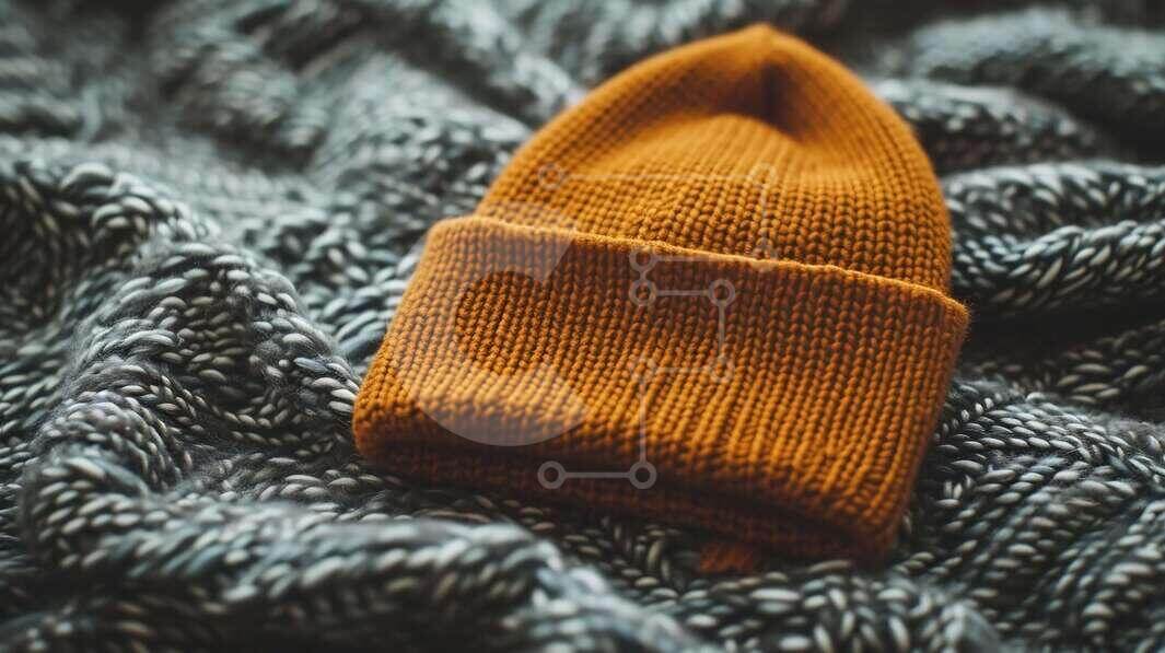 Intra Συλλεκτικό Ξύλινο Παζλ Plywood  4mm - Πορτοκαλί πλεκτό Beanie σε γκρι κουβέρτα Σε Ξύλινο Κουτί - Διαστάσεις Puzzle: 10x10 cm – 25 κομμάτια