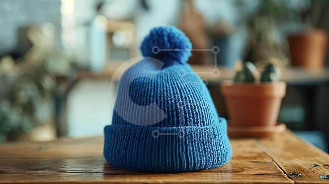 Intra Συλλεκτικό Ξύλινο Παζλ Plywood  4mm - Μπλε πλεκτό καπέλο σε ξύλινο τραπέζι Σε Ξύλινο Κουτί - Διαστάσεις Puzzle: 10x10 cm – 25 κομμάτια