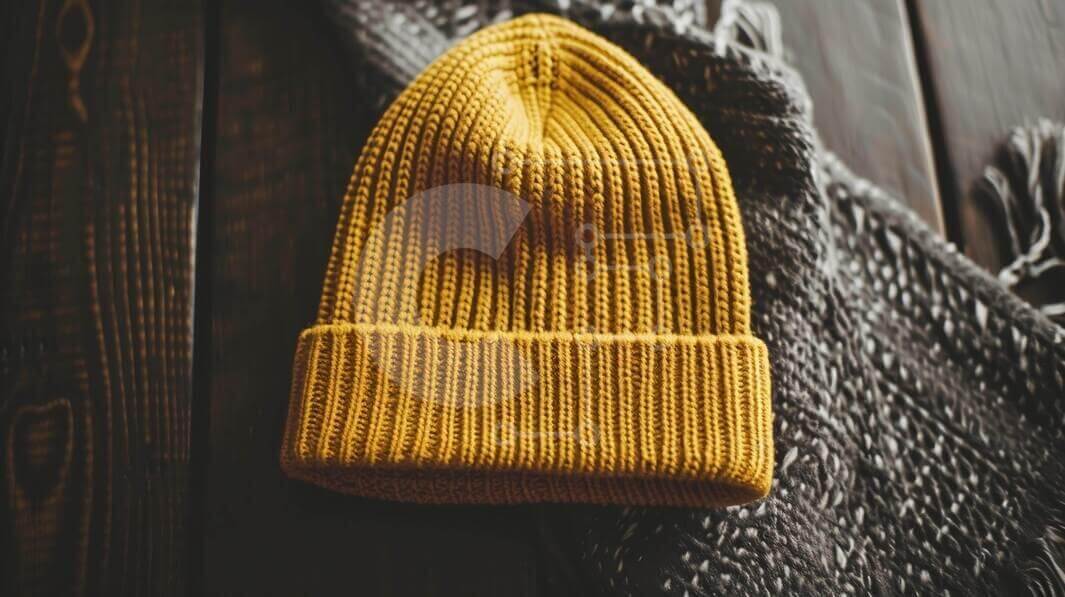 Intra Συλλεκτικό Ξύλινο Παζλ Plywood  4mm - Κίτρινο πλεκτό Beanie σε γκρι κουβέρτα Σε Ξύλινο Κουτί - Διαστάσεις Puzzle: 10x10 cm – 25 κομμάτια