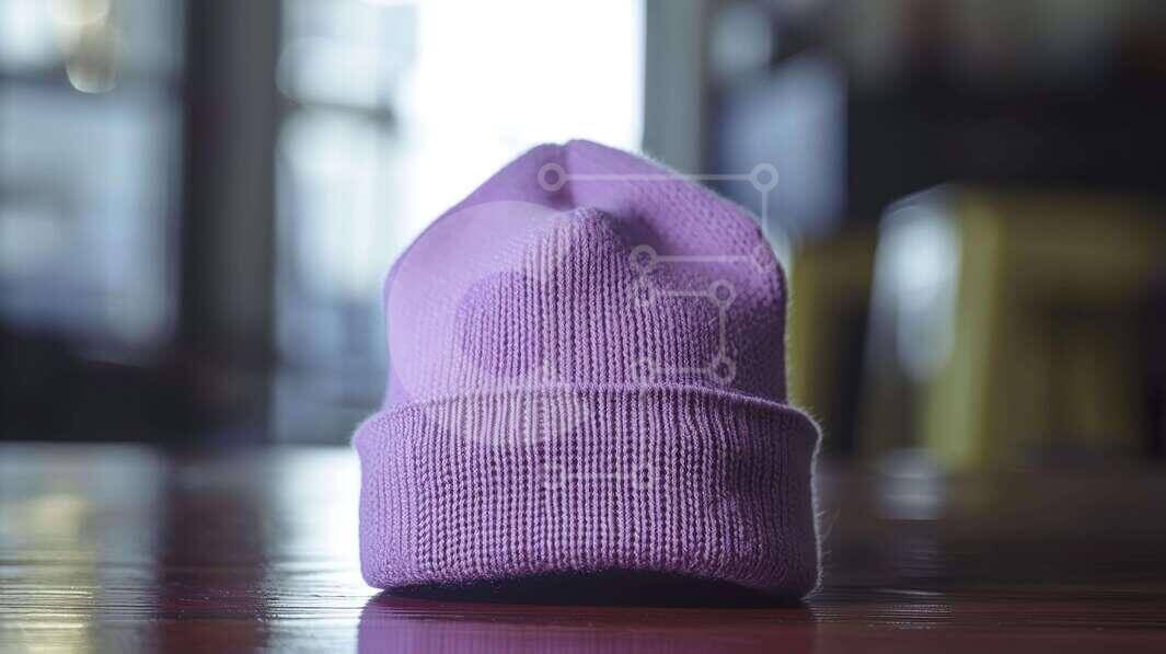 Intra Συλλεκτικό Ξύλινο Παζλ Plywood  4mm - Μωβ πλεκτό καπέλο Beanie σε ξύλινο τραπέζι Σε Ξύλινο Κουτί - Διαστάσεις Puzzle: 10x10 cm – 25 κομμάτια