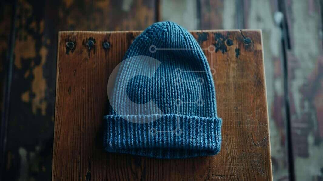 Intra Συλλεκτικό Ξύλινο Παζλ Plywood  4mm - Μπλε πλεκτό καπέλο Beanie σε ξύλινη επιφάνεια Σε Ξύλινο Κουτί - Διαστάσεις Puzzle: 10x10 cm – 25 κομμάτια