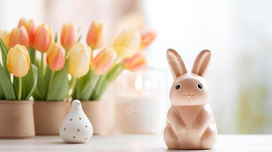 Intra Συλλεκτικό Ξύλινο Παζλ Plywood  4mm - Ξύλινο ειδώλιο κουνελιού με τουλίπες την άνοιξη Σε Ξύλινο Κουτί - Διαστάσεις Puzzle: 10x10 cm – 25 κομμάτια