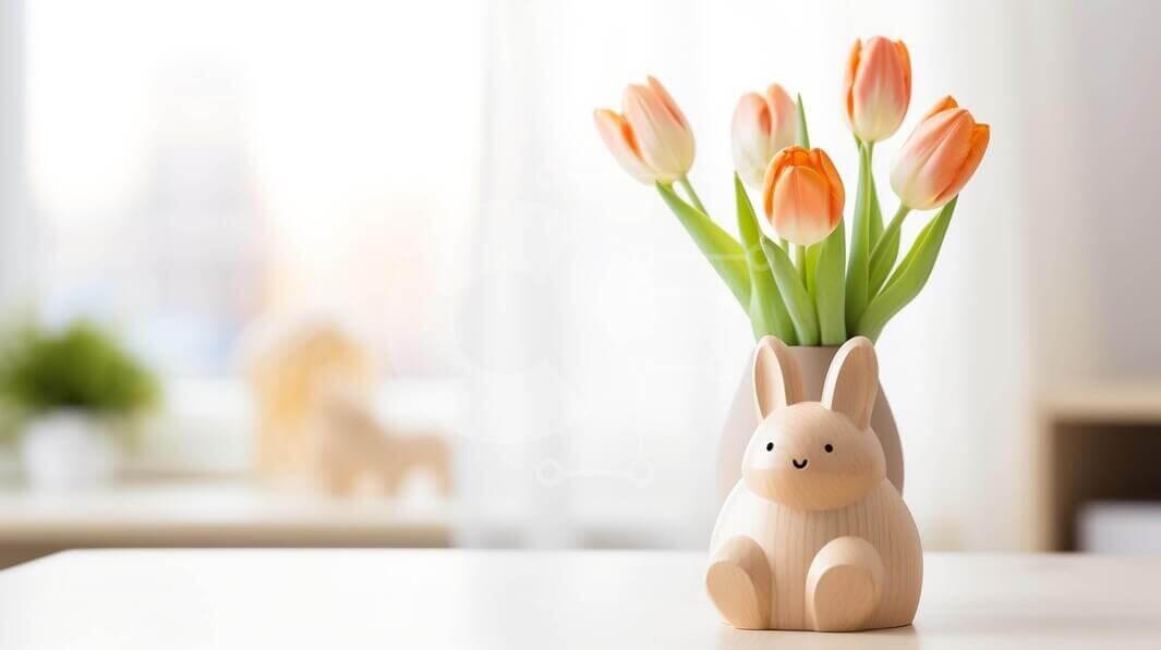 Intra Συλλεκτικό Ξύλινο Παζλ Plywood  4mm - Ξύλινο βάζο με διακοσμητικά κουνελιού Tulip Bunny Σε Ξύλινο Κουτί - Διαστάσεις: 10x10 cm – 25 κομμάτια