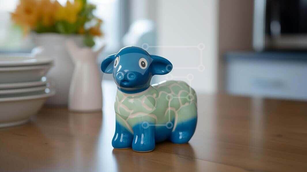 Intra Συλλεκτικό Ξύλινο Παζλ Plywood  4mm - Κεραμικό γαλάζιο και πράσινο ειδώλιο προβάτου Σε Ξύλινο Κουτί - Διαστάσεις: 10x10 cm – 25 κομμάτια