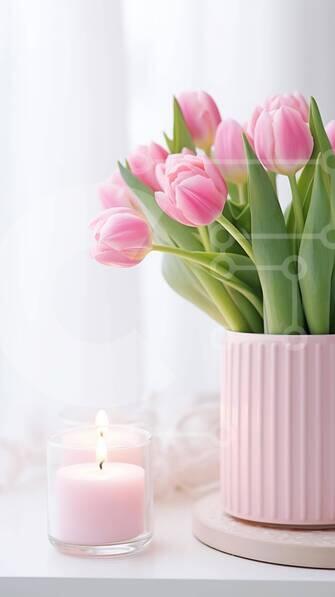 Intra Συλλεκτικό Ξύλινο Παζλ Plywood  4mm - Ροζ τουλίπες σε βάζο με αναμμένα κηροπήγια Σε Ξύλινο Κουτί - Διαστάσεις Puzzle: 10x10 cm – 25 κομμάτια