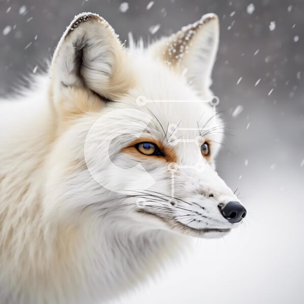 Intra Συλλεκτικό Ξύλινο Παζλ Plywood  4mm - Κοντινό πλάνο της White Fox στο χιόνι με τις νιφάδες χιονιού που πέφτουν Σε Ξύλινο Κουτί - Διαστάσεις: 10x10 cm – 25 κομμάτια