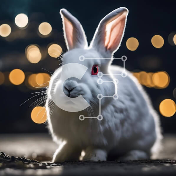 Intra Συλλεκτικό Ξύλινο Παζλ Plywood  4mm - Λευκό κουνέλι με ορθάνοιχτα μάτια σε πολύχρωμα νυχτερινά φώτα Σε Ξύλινο Κουτί - Διαστάσεις: 10x10 cm – 25 κομμάτια