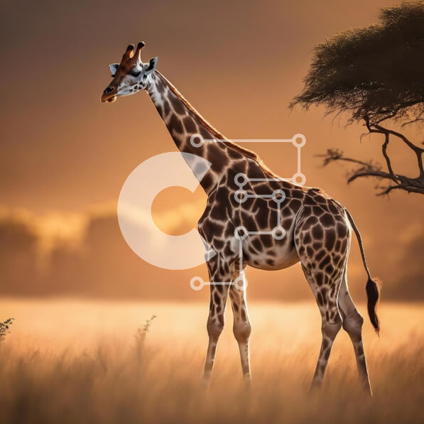 Intra Συλλεκτικό Ξύλινο Παζλ Plywood  4mm - Καμηλοπάρδαλη σε χορταριασμένο χωράφι στο ηλιοβασίλεμα δίπλα στη βελανιδιά Σε Ξύλινο Κουτί - Διαστάσεις: 10x10 cm – 25 κομμάτια