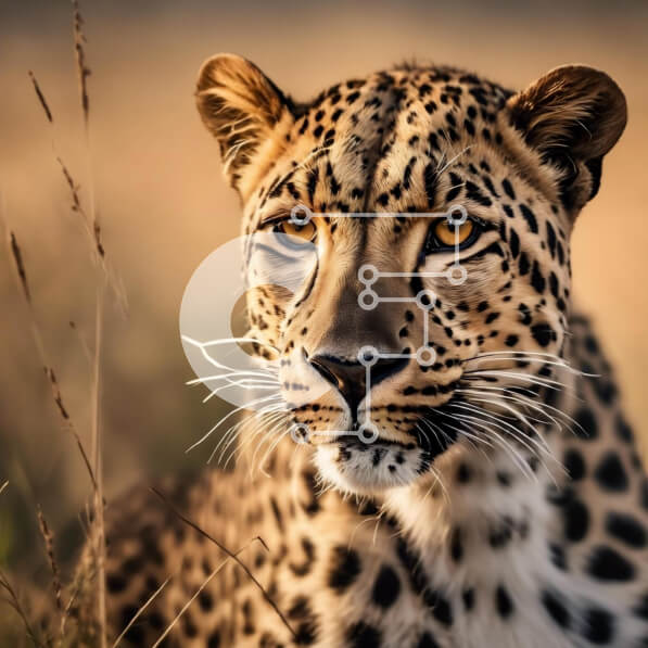 Intra Συλλεκτικό Ξύλινο Παζλ Plywood  4mm - Λεοπάρδαλη κάθεται σε ψηλό γρασίδι κοιτάζοντας την κάμερα Σε Ξύλινο Κουτί - Διαστάσεις: 10x10 cm – 25 κομμάτια