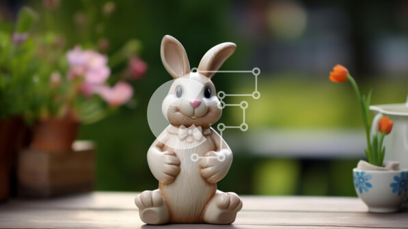 Intra Συλλεκτικό Ξύλινο Παζλ Plywood  4mm - Λευκό ειδώλιο λαγουδάκι σε τραπέζι εξωτερικού χώρου με λουλούδια και φυτά σε γλάστρες Σε Ξύλινο Κουτί - Διαστάσεις: 10x10 cm – 25 κομμάτια