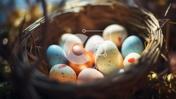 Intra Συλλεκτικό Ξύλινο Παζλ Plywood  4mm - Πολύχρωμα Πασχαλινά αυγά σε ένα καλάθι με κλαδιά και γρασίδι Σε Ξύλινο Κουτί - Διαστάσεις: 10x10 cm – 25 κομμάτια