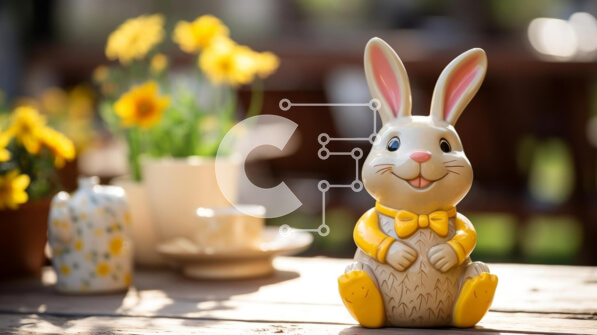 Intra Συλλεκτικό Ξύλινο Παζλ Plywood  4mm - Ειδώλιο λαγουδάκι του Πάσχα σε τραπέζι εξωτερικού χώρου με λουλούδια Σε Ξύλινο Κουτί - Διαστάσεις: 10x10 cm – 25 κομμάτια