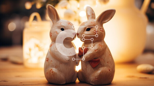 Intra Συλλεκτικό Ξύλινο Παζλ Plywood  4mm - Ρομαντικά κεραμικά ειδώλια κουνελιού σε ξύλινο τραπέζι με κεριά Σε Ξύλινο Κουτί - Διαστάσεις Puzzle: 10x10 cm – 25 κομμάτια