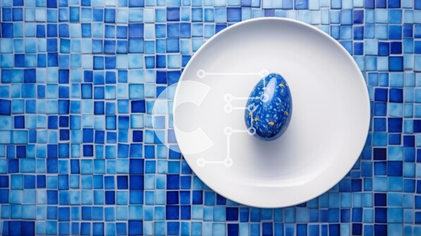 Σετ των 2 Intra Συλλεκτικό Ξύλινο Παζλ Plywood  4mm - Λευκό πιάτο με αυγό σε φόντο μπλε μωσαϊκό με πλακάκια Σε Ξύλινο Κουτί - Διαστάσεις: 10x10 cm – 25 κομμάτια