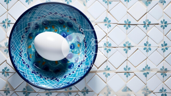 Σετ των 2 Intra Συλλεκτικό Ξύλινο Παζλ Plywood  4mm - Μπλε και άσπρο κεραμικό μπολ με αυγό σε φόντο με πλακάκια Σε Ξύλινο Κουτί - Διαστάσεις: 10x10 cm – 25 κομμάτια