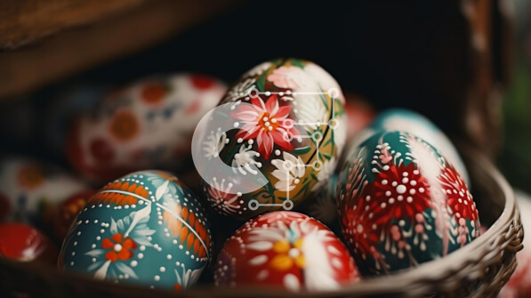 Intra Συλλεκτικό Ξύλινο Παζλ Plywood  4mm - Πολύχρωμα Πασχαλινά αυγά στο διακοσμητικό καλάθι Σε Ξύλινο Κουτί - Διαστάσεις: 10x10 cm – 25 κομμάτια