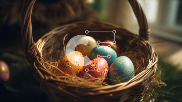 Intra Συλλεκτικό Ξύλινο Παζλ Plywood  4mm - Πολύχρωμα Πασχαλινά αυγά σε ένα διακοσμητικό καλάθι στο γρασίδι Σε Ξύλινο Κουτί - Διαστάσεις: 10x10 cm – 25 κομμάτια