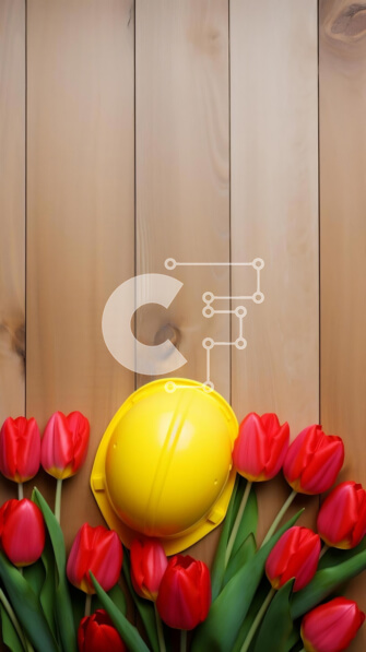 Intra Συλλεκτικό Ξύλινο Παζλ Plywood  4mm - Κίτρινο σκληρό καπέλο και κόκκινες τουλίπες σε ξύλινες σανίδες Σε Ξύλινο Κουτί - Διαστάσεις Puzzle: 10x10 cm – 25 κομμάτια