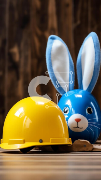 Intra Συλλεκτικό Ξύλινο Παζλ Plywood  4mm - Μπλε και κίτρινο λαγουδάκι με αυτιά σκληρό καπέλο σε ξύλινο τραπέζι Σε Ξύλινο Κουτί - Διαστάσεις: 10x10 cm – 25 κομμάτια