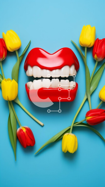 Intra Συλλεκτικό Ξύλινο Παζλ Plywood  4mm - Οδοντιατρικό μοντέλο που περιβάλλεται από τουλίπες Σε Ξύλινο Κουτί - Διαστάσεις Puzzle: 10x10 cm – 25 κομμάτια