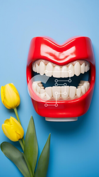 Intra Συλλεκτικό Ξύλινο Παζλ Plywood  4mm - Κόκκινο οδοντιατρικό μοντέλο με ανοιχτό στόμα και κίτρινες τουλίπες Σε Ξύλινο Κουτί - Διαστάσεις Puzzle: 10x10 cm – 25 κομμάτια