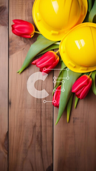 Intra Συλλεκτικό Ξύλινο Παζλ Plywood  4mm - Σκληρά καπέλα ασφαλείας κατασκευής σε ξύλινο τραπέζι με κόκκινες τουλίπες Σε Ξύλινο Κουτί - Διαστάσεις Puzzle: 10x10 cm – 25 κομμάτια