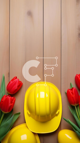 Intra Συλλεκτικό Ξύλινο Παζλ Plywood  4mm - Ζευγάρι κίτρινα σκληρά καπέλα και κόκκινες τουλίπες σε ξύλινο φόντο Σε Ξύλινο Κουτί - Διαστάσεις Puzzle: 10x10 cm – 25 κομμάτια