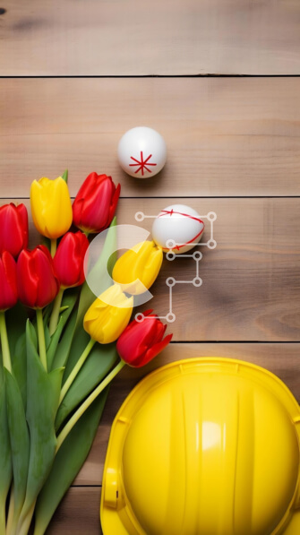 Intra Συλλεκτικό Ξύλινο Παζλ Plywood  4mm - Πασχαλινή γιορτή με κόκκινες και κίτρινες τουλίπες, σκληρό καπέλο και αυγά Σε Ξύλινο Κουτί - Διαστάσεις: 10x10 cm – 25 κομμάτια