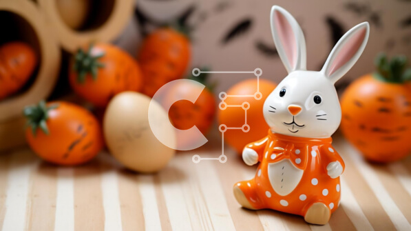 Intra Συλλεκτικό Ξύλινο Παζλ Plywood  4mm - Πασχαλινό λαγουδάκι και πορτοκαλί αυγά σε ξύλινο τραπέζι Σε Ξύλινο Κουτί - Διαστάσεις: 10x10 cm – 25 κομμάτια