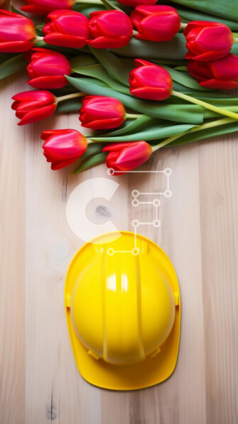 Intra Συλλεκτικό Ξύλινο Παζλ Plywood  4mm - Κίτρινο σκληρό καπέλο στις κόκκινες τουλίπες Σε Ξύλινο Κουτί - Διαστάσεις Puzzle: 10x10 cm – 25 κομμάτια