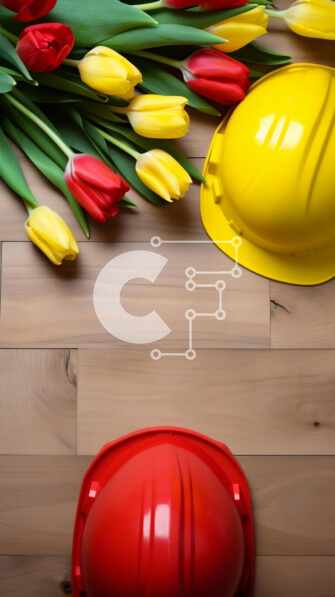 Intra Συλλεκτικό Ξύλινο Παζλ Plywood  4mm - Κόκκινα και κίτρινα σκληρά καπέλα με πολύχρωμες τουλίπες σε ξύλινο τραπέζι Σε Ξύλινο Κουτί - Διαστάσεις Puzzle: 10x10 cm – 25 κομμάτια