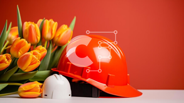 Intra Συλλεκτικό Ξύλινο Παζλ Plywood  4mm - Πορτοκαλί σκληρό καπέλο και κίτρινες τουλίπες Σε Ξύλινο Κουτί - Διαστάσεις: 10x10 cm – 25 κομμάτια