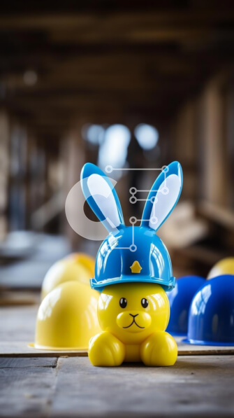 Intra Συλλεκτικό Ξύλινο Παζλ Plywood  4mm - Παιχνίδι σε σχήμα κουνελιού σε κίτρινα και μπλε καπέλα κατασκευής Σε Ξύλινο Κουτί - Διαστάσεις: 10x10 cm – 25 κομμάτια