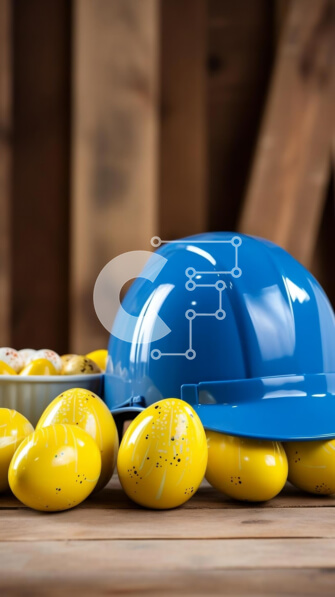 Intra Συλλεκτικό Ξύλινο Παζλ Plywood  4mm - Μπλε σκληρό καπέλο και κίτρινα αυγά στο τραπέζι Σε Ξύλινο Κουτί - Διαστάσεις: 10x10 cm – 25 κομμάτια