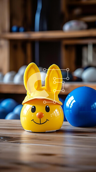 Intra Συλλεκτικό Ξύλινο Παζλ Plywood  4mm - Κίτρινο παιχνίδι σε σχήμα λαγουδάκι και μπλε μπάλες σε ξύλινο τραπέζι Σε Ξύλινο Κουτί - Διαστάσεις: 10x10 cm – 25 κομμάτια