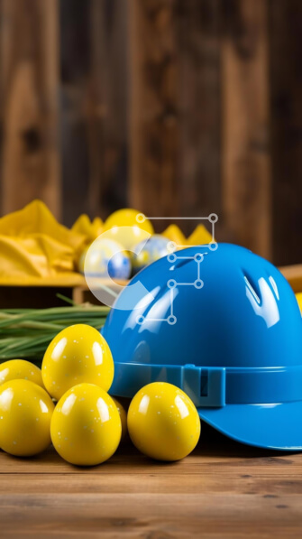 Intra Συλλεκτικό Ξύλινο Παζλ Plywood  4mm - Πολύχρωμο Πασχαλινό εορτασμό με μπλε σκληρό καπέλο και κίτρινα αυγά Σε Ξύλινο Κουτί - Διαστάσεις: 10x10 cm – 25 κομμάτια